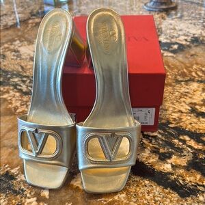 Valentino Gold Heels with Slingback and Open-Toe Design